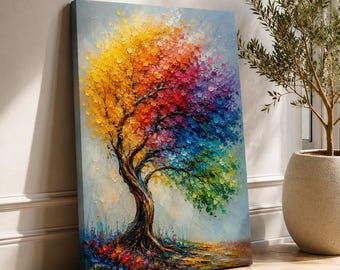 Colorful Tree of Life Canvas, Rainbow Wall Art, Bright Tree Painting, Oversized Living Room Decor, Colorful Nature Artwork