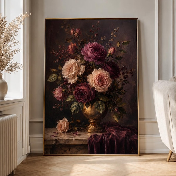 Chateaucore Wall Art, Dark Floral Print, Vintage Botanical Painting, Plum Rose Poster, Moody Flower Decor, Antique Floral Art