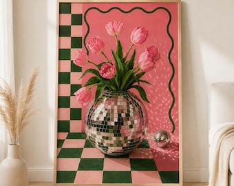 Retro Floral Print, Maximalist Girly Poster, Funky Checkered Dopamine Room Decor,Pink Tulip Disco Ball Wall Art