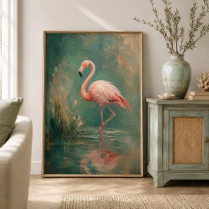 Rosa flamingo oljemålning väggkonst, blågrön fågeltryck, impressionistisk kustnaturdekor, elegant flamingoposter, salviagrön väggkonst