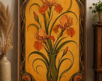 Vintage Art Nouveau Iris Flower Print, Mustard Yellow Floral Vase Poster, Olive Green Retro Wall Art, Antique Botanical Decor
