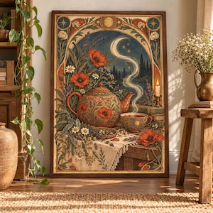 May include: A framed art print featuring a decorative teapot and teacup on a table with poppies, lavender, and daisies. A crescent moon shines in a dark blue sky above a landscape, with a lit candle and books nearby, all within an ornate border.