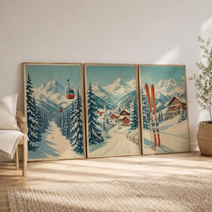 Conjunto de 3 pôsteres retrô de esqui, arte de parede para chalé, decoração de cabana alpina, pôsteres de montanhas com teleférico, pôsteres vintage de esportes de inverno.