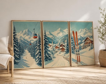 Retro Ski Print Set of 3, Chalet Wall Art, Alpine Lodge Decor, Ski Lift Mountain Prints,Vintage Winter Sports Posters,