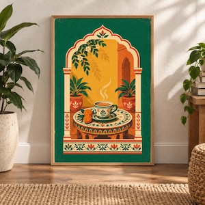 以下が含まれることがあります： 緑色のアーチが黄色い中庭を囲む構図の額入りアートプリント。湯気の立つティーカップが模様入りの丸テーブルに置かれ、両脇に鉢植えが配置されている。デザインにはオレンジ色の花と葉が描かれている。