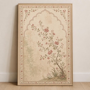 May include: A rectangular wall art print featuring a beige background with a central arched frame. Inside the arch, a flowering tree with pink blossoms and green leaves is depicted. The border is decorated with a repeating floral pattern.