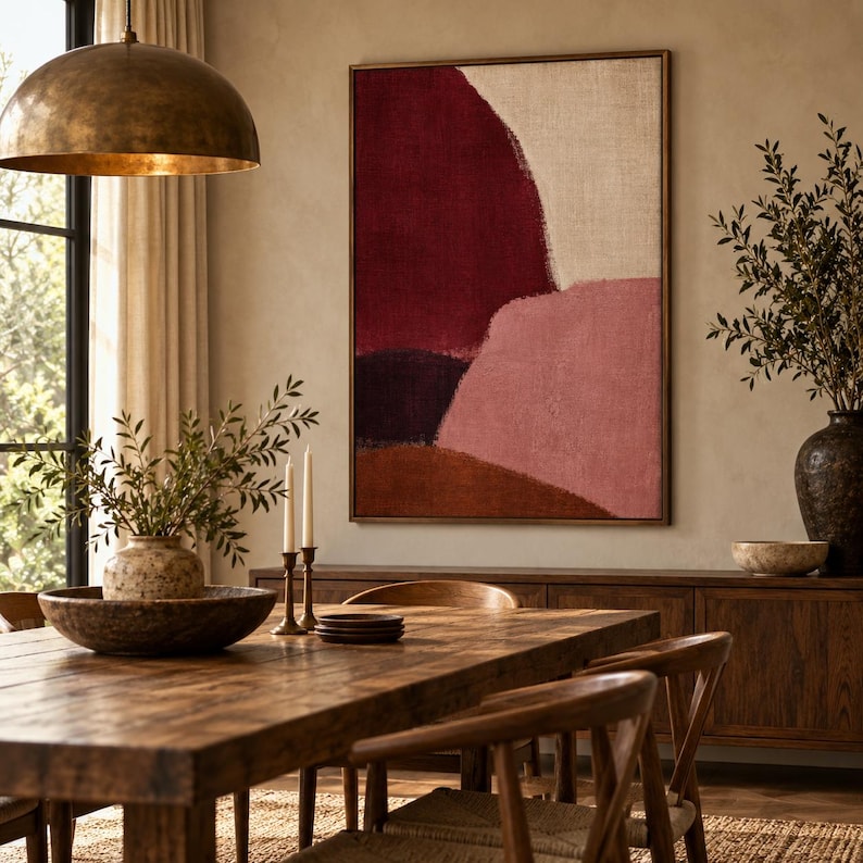 May include: A large rectangular wall art piece featuring abstract color blocks in deep burgundy, muted pink, cream, and earthy brown tones, framed in a thin wood border, displayed on a neutral wall above a wooden dining table and sideboard.