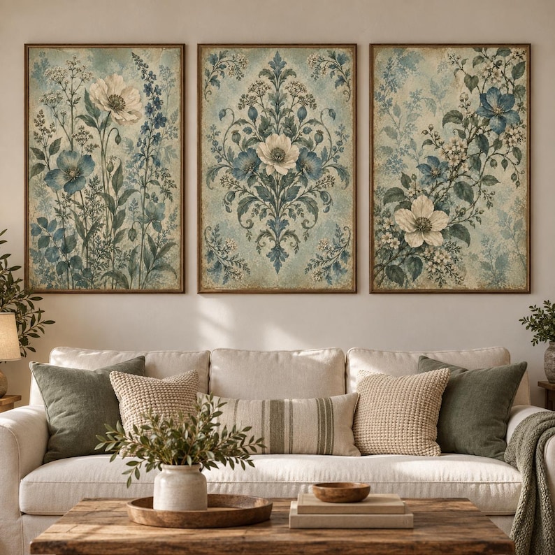 Blue Floral Wall Art Set of 3, Vintage Botanical Tapestry Prints, Teal ...