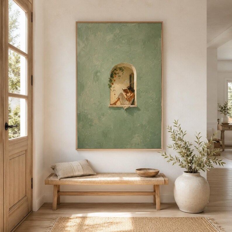 May include: A rectangular wall art print featuring a textured sage green background with a central arched window cutout. Inside the window, a person sits reading a book, framed by a small hanging vine. The artwork is displayed in a wooden frame.