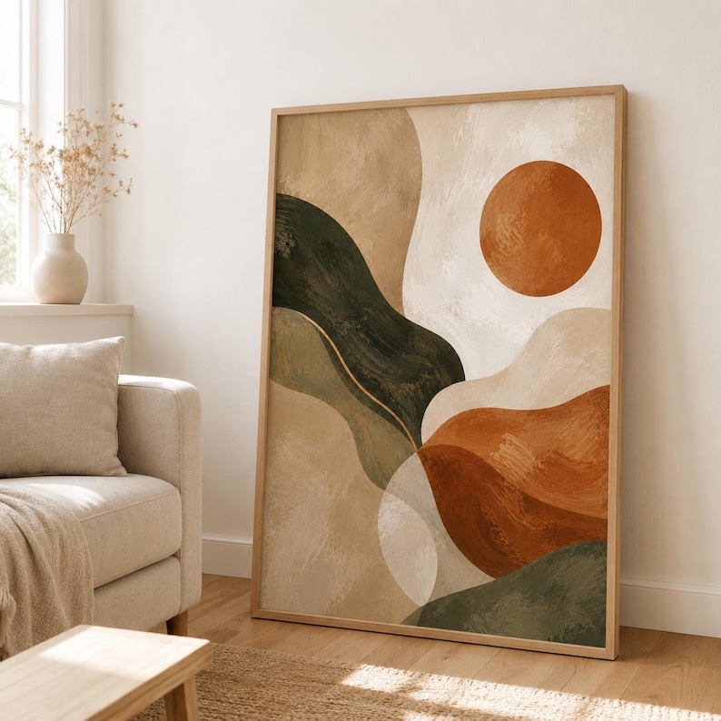 Terracotta Green Abstract Wall Art, Mid Century Modern Print, Burnt ...