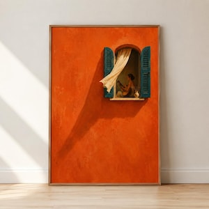 May include: A framed vertical wall art print featuring a vibrant orange textured wall with a single arched window. The window has open teal shutters and a flowing beige curtain. Inside, a person plays a guitar next to a small white vase.