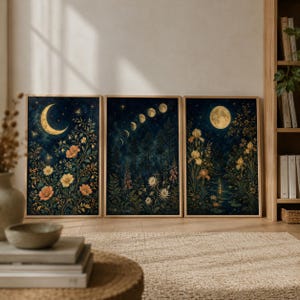 May include: A set of three framed wall art prints featuring dark blue night skies with celestial bodies. The first shows a crescent moon and flowers, the second a moon phase cycle over a forest, and the third a full moon over a pond with irises.