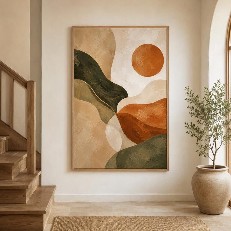 Terracotta Green Abstract Wall Art, Mid Century Modern Print, Burnt ...