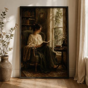 Può includere: Una stampa artistica incorniciata che raffigura una persona seduta su una poltrona verde scuro vicino a una finestra, intenta a leggere un libro. La scena include una libreria alta, un tavolino con libri e un vaso di fiori, in toni terrosi.