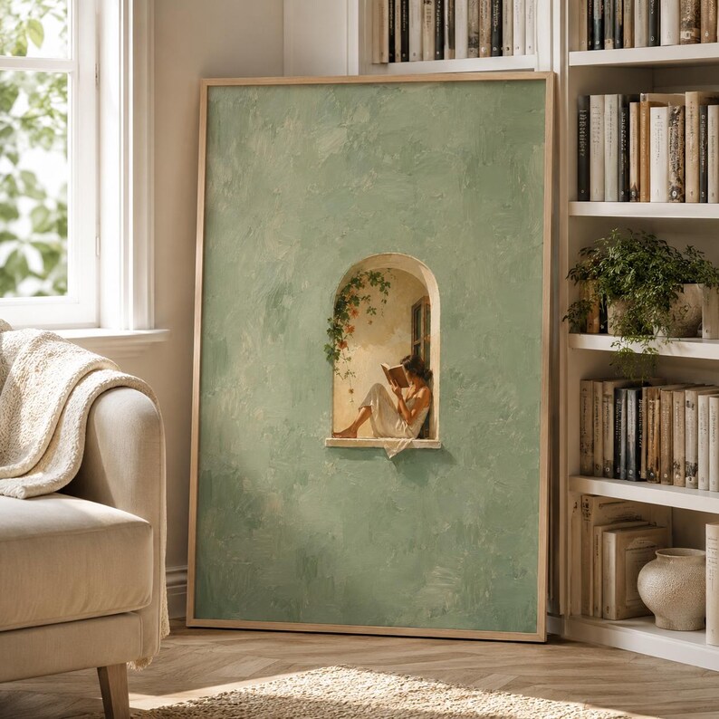 May include: A rectangular framed wall art piece featuring a textured sage green background. In the center, an arched window cutout reveals a painted scene of a figure in a white dress sitting in a stone alcove, reading an open book.
