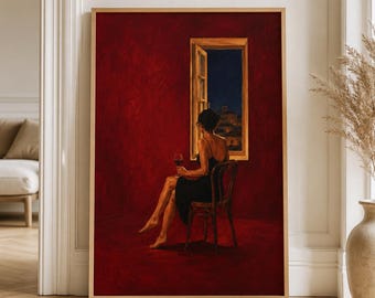 Red Wine Window Wall Art, Woman by Window Poster, Bold Cherry Red Figurative Print, Trendy Eclectic Apartment Decor