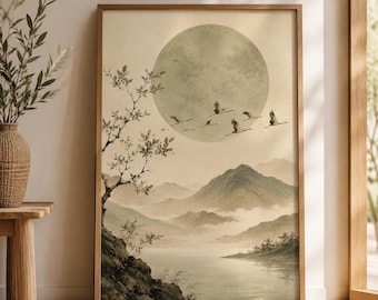 May include: A framed rectangular wall art print featuring a landscape scene with a large pale moon, a flock of birds in flight, layered mountain ranges, a calm body of water, and a tree on a rocky cliffside, all rendered in muted beige and gray tones.