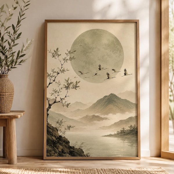 Salbei grüner Mond Print, Japandi Vogelschwarm Wandkunst, Japanische Landschaft Poster, Wabi Sabi Schlafzimmer Dekor
