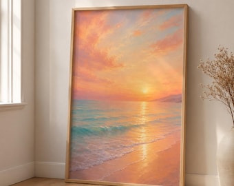 Puede incluir: Una impresión artística enmarcada que representa una serena escena de playa al atardecer. La obra presenta un cielo vibrante con tonos de naranja, rosa y amarillo, reflejados en el océano. El agua pasa de turquesa a dorado al encontrarse con la orilla arenosa.