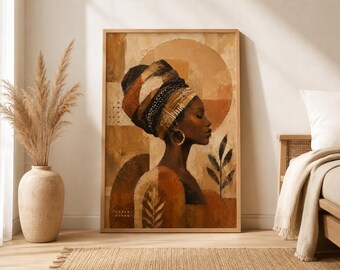 Afrocentric Portrait Print,Modern Black Woman Decor, Terracotta Boho Poster,African Inspired Female Artwork,Abstract African Woman Wall Art,