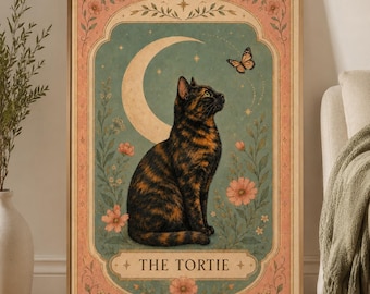 The Tortie Tarot Card, Tortoiseshell Cat Wall Decor, Witchy Cat Print, Crescent Moon Poster, Vintage Floral Cat Art, Tortie Cat Gift