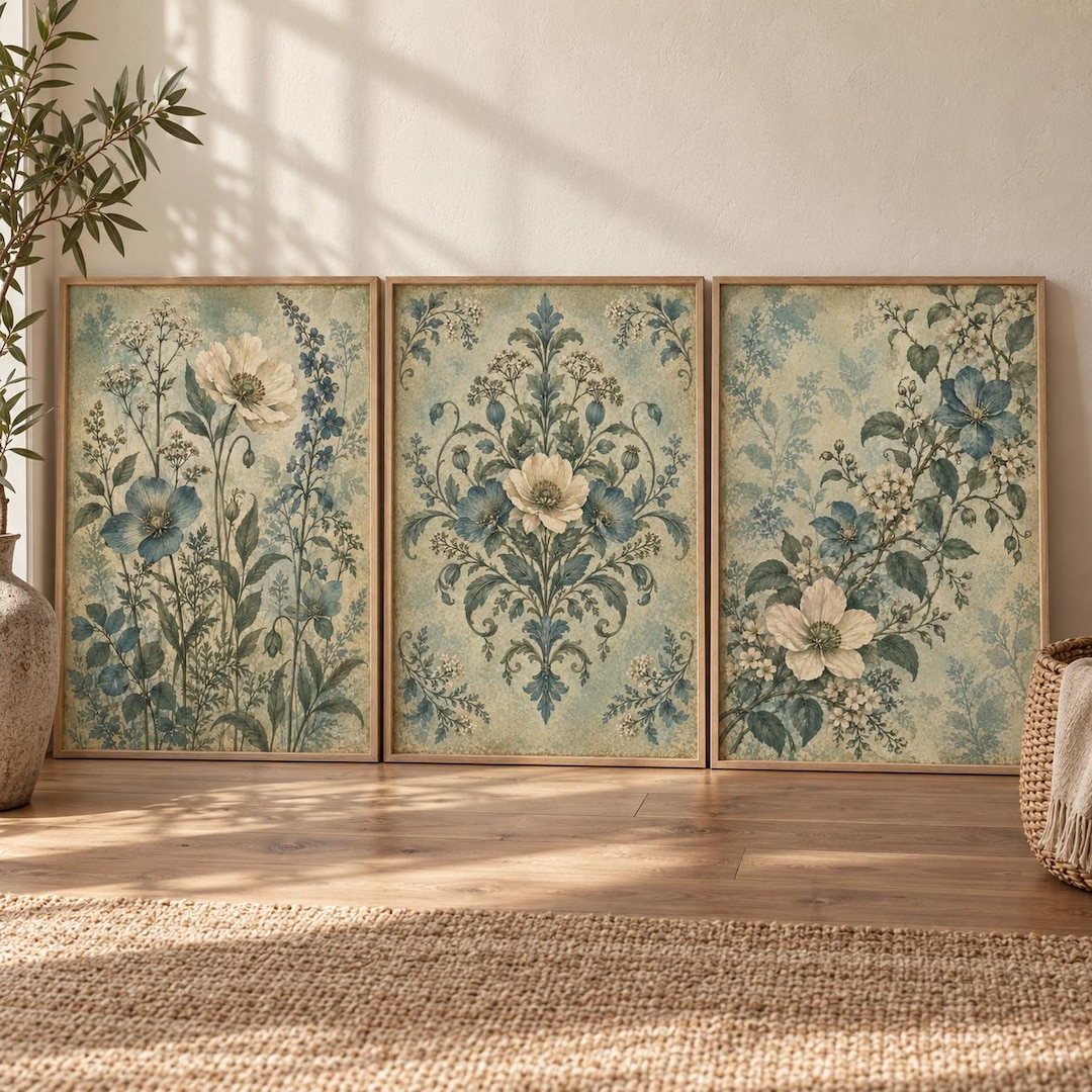Blue Floral Wall Art Set of 3, Vintage Botanical Tapestry Prints, Teal ...