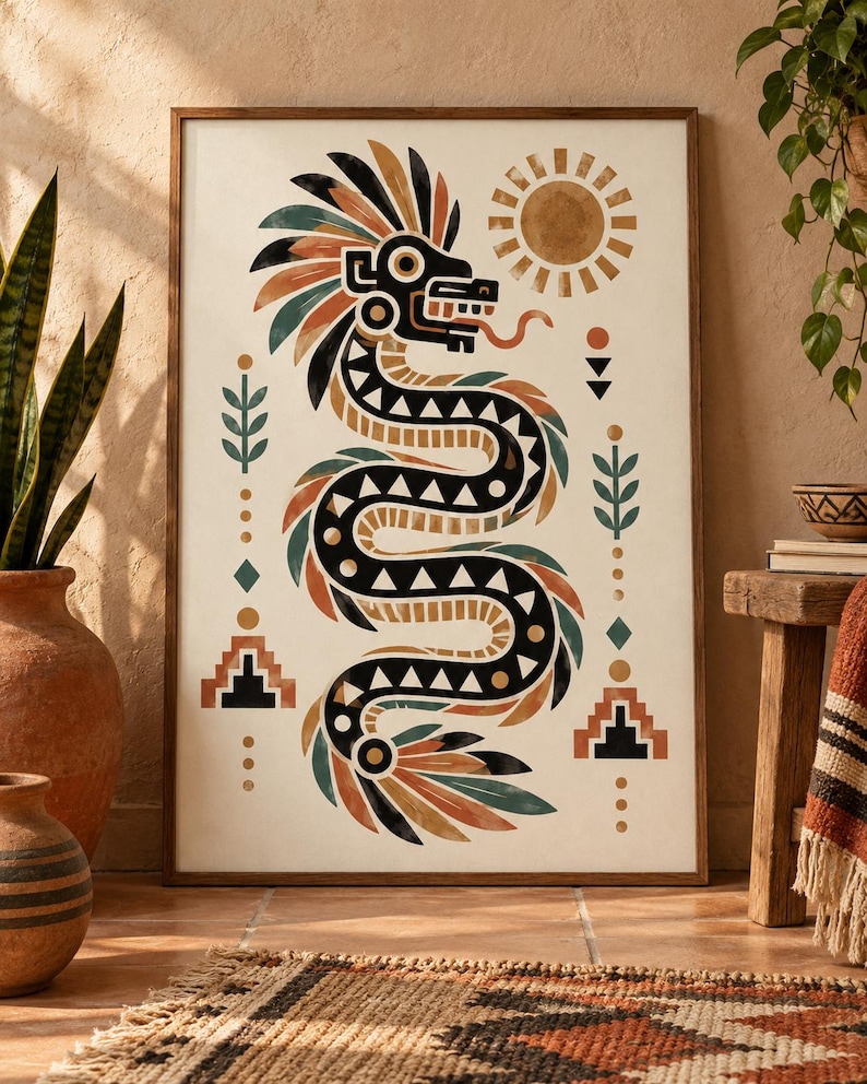 Feathered Serpent Wall Art, Mexican Folk Art Print, Mesoamerican Decor ...