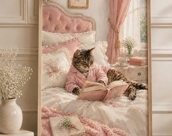 Cat Reading Wall Art, Pink Coquette Bedroom Poster, Cozy Bookish Cat Print, Girl Book Lover Gift, Reading Nook Decor