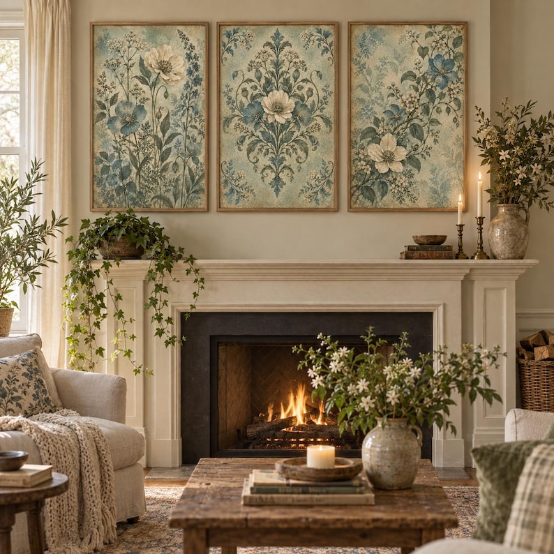 Blue Floral Wall Art Set of 3, Vintage Botanical Tapestry Prints, Teal ...