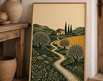 Olive Tree Wall Art Print, Italian Countryside Poster, Mediterranean Landscape Decor, Tuscan Farmhouse & Cypress Grove Art