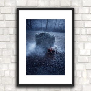Bloody Rhinestone Catwoman Mask hung over Selina Kyle’s Darkened Grave for last time, DC Universe Photograph |Black Frame 8x10 matted 4x6|