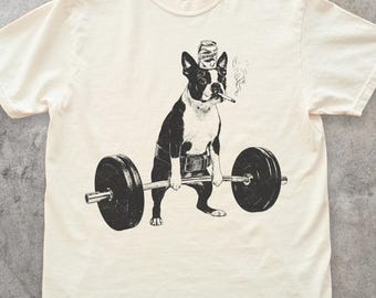 Weightlifting Boston Terrier Vintage Shirt, Funny Beer Deadlift Dog Tee, Retro Gym Humor T-Shirt, Barbell Puppy Workout Top, Gift