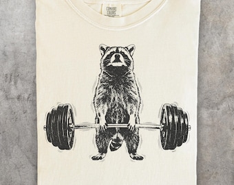 Kreuzheben Waschbär Vintage T-Shirt, lustiges Fitnessstudio Tier Grafik T-Shirt, Retro Kraftdreidreieck Workout Shirt, Bodybuilder Humor Top, Fitness Geschenk