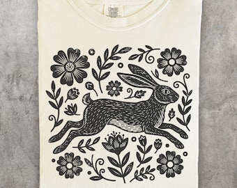 T-shirt vintage lapin art folk, t-shirt nature lièvre rétro, chemise graphique d'animaux de la forêt, chemise de lapin floral cottagecore, cadeau pour amoureux de la nature