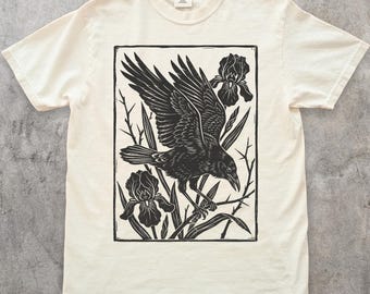 Raven Iris Flower Linocut T-Shirt, Vintage Woodblock Print Bird Tee, Gothic Botanical Nature Graphic Shirt, Corvid Lover Gift