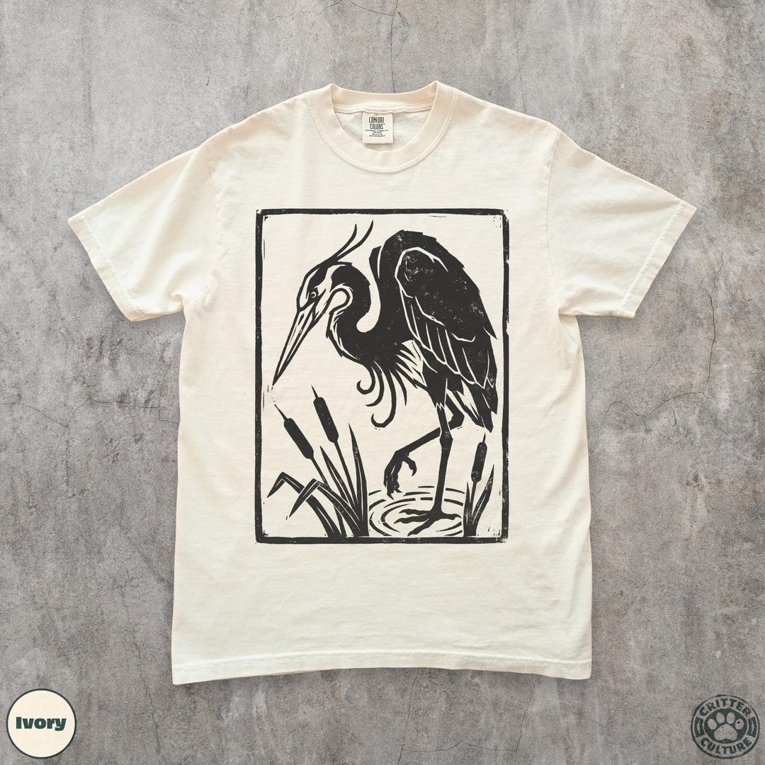 Heron Linocut T-Shirt, Retro Wading Bird Graphic Tee, Vintage Style Wildlife Art Shirt, Na