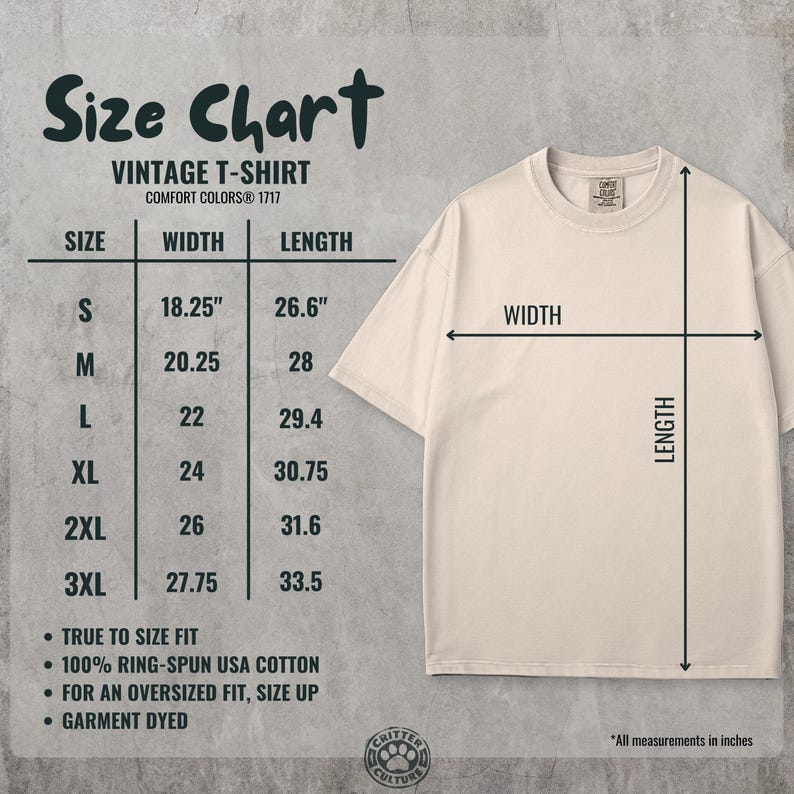 May include: A cream-colored vintage t-shirt with a size chart. The chart lists sizes S to 3XL, with width and length measurements in inches. The shirt is made of 100% ring-spun USA cotton and is garment dyed. The text on the chart reads "Size Chart" and "Vintage T-Shirt".