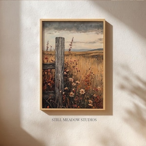 Rustic Fence Post Autumn Wildflowers Landscape – Moody Farmhouse Printable (Digital Download)