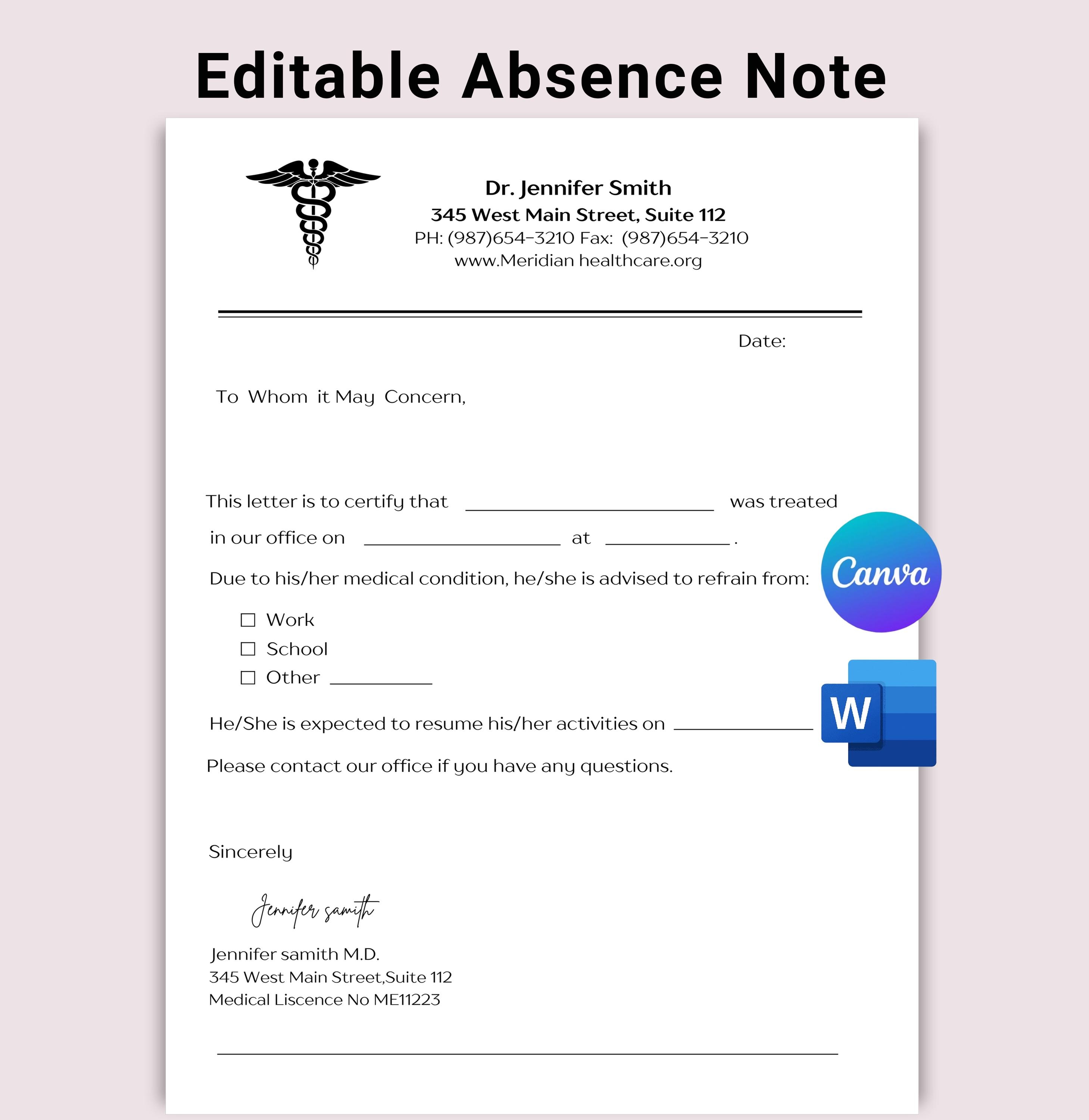 Editable Doctor's Excuse Note | Printable Medical Absence Form (canva ...