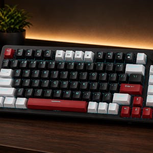 May include: A black mechanical keyboard with white, red, and black keycaps. The keyboard has a variety of keys, including function keys, number keys, and letter keys. The keyboard is on a wooden surface.