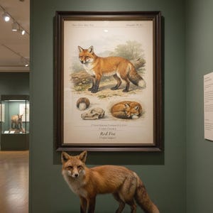 May include: A taxidermied red fox stands on a mossy base in a museum setting, below a framed illustration of a red fox. The illustration includes a drawing of a fox, skull, and other details. The wall is painted a dark green.