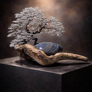 May include: A wire sculpture of a bonsai tree with silver-colored wire branches and leaves, anchored into a piece of textured, light brown driftwood. A smooth, dark blue and grey striped stone rests nestled within the curve of the wood base.