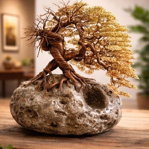 Luxe handgemaakte koperen bonsai sculptuur – Mystieke draadboomkunst, stenen voet, unieke kunstdecoratie