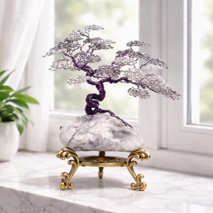 Handmade Wire and Stone Bonsai Sculpture – Brass Stand Home Décor