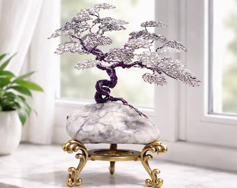 Scultura bonsai realizzata a mano in filo metallico e pietra – Supporto in ottone per decorazione domestica