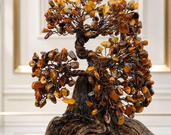 Luxury Handmade Feng Shui Bonsai ‘Tree of Happiness’ – Copper Wire, Driftwood Base & 300 Natural Tiger’s Eye Stones | Prosperity, Protection