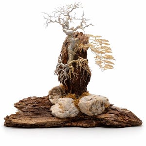 May include: A handcrafted bonsai sculpture featuring a wire tree with silver branches and gold leaves, mounted on a textured, dark brown wood base with rocks and moss. The sculpture is a unique decorative item.