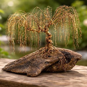 Op de afbeelding: Handgemaakte draadboomsculptuur met een gedraaide stam en overhangende takken. De boom is gemaakt van goudkleurig draad en is gemonteerd op een stuk verweerd hout. De sculptuur staat tegen een groene achtergrond.