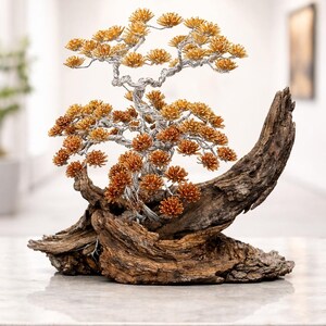 May include: A handcrafted bonsai tree sculpture. The tree features a silver wire trunk and branches, with clusters of orange-brown beads representing the foliage. The sculpture is mounted on a piece of weathered, dark brown wood.