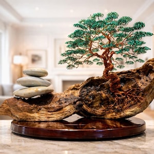 Handcrafted Tree of Life Sculpture – Copper Wire Bonsai, Onyx, Agate, Natural Wood Base